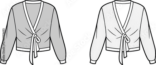 Top Wrap Blouse Tiefront Vneck Longsleeve Apparel Clothing Fashion Outfit Garment Textile Illustration Drawing Design Casual Women Stylish Ribbed Cuffs Waist Pattern Pinstripe