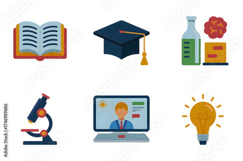 Inspiring education icons showcasing learning, science, and online classes for a modern, bright, and engaging visual experience, perfect for school projects