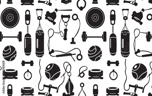 Seamless pattern of black silhouette fitness equipment and gym accessories on a white background perfect for health and wellness designs illustrating athletic lifestyle and training motivation