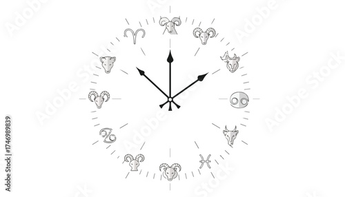 Clock face featuring zodiac symbols instead of numbers, with hands indicating the time.