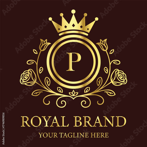 Royal brand logo P design with golden crown and floral ornament for luxury business identity creation