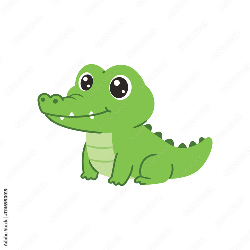 Naklejka premium Adorable cartoon baby alligator with big green eyes and a friendly smile sitting and looking to the side