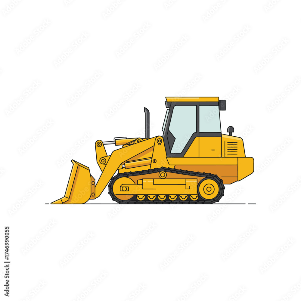 Naklejka premium Bright yellow bulldozer with a large bucket and tracks depicted in a clean modern flat illustration style on a white background