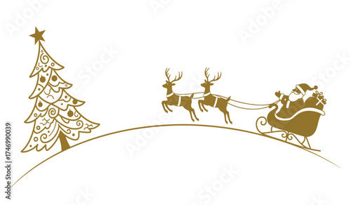 Hand-drawn christmas scene with santa's sleigh and reindeer flying over a snowy hill beside a festive decorated tree isolated on white background