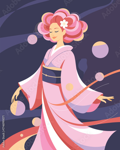 Vector illustration of a woman in a pink kimono with elaborate pink hair surrounded by circles