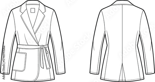 Women’s belted blazer flat sketch with notched lapel, tie waist, patch pocket, vented back, curved hem, front and back illustration