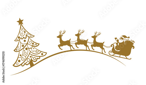 Whimsical christmas scene featuring santa's sleigh pulled by reindeer flying past a decorated christmas tree on a snowy hillside isolated on white background