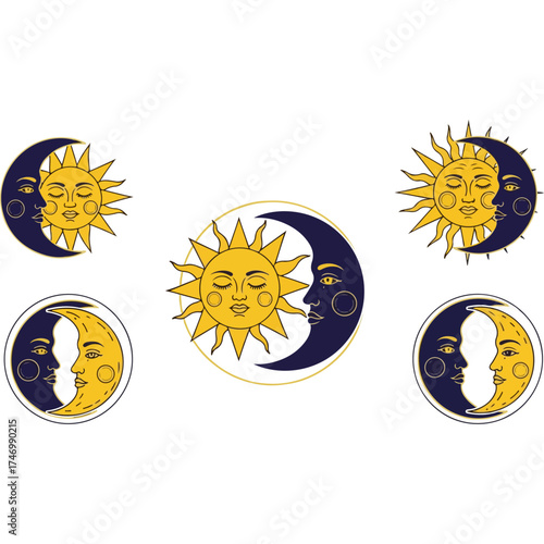Sun and Moon Celestial Faces Vector Illustration Set.