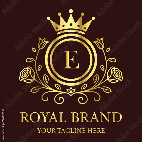 Royal brand logo E design with golden crown and floral ornament for luxury business identity creation