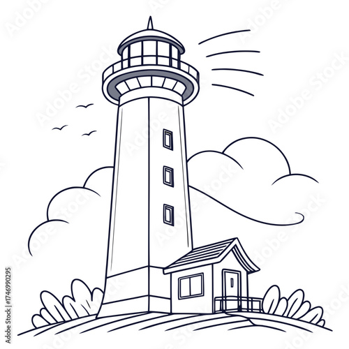 Vector art of lighthouse on a hill, line art style