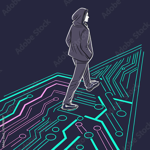 Vector art of man walking on a circuit board of the future