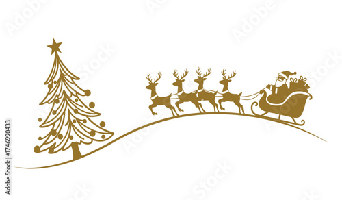 Festive christmas scene with santa's sleigh and reindeer flying past a decorated tree under a starry sky isolated on white background