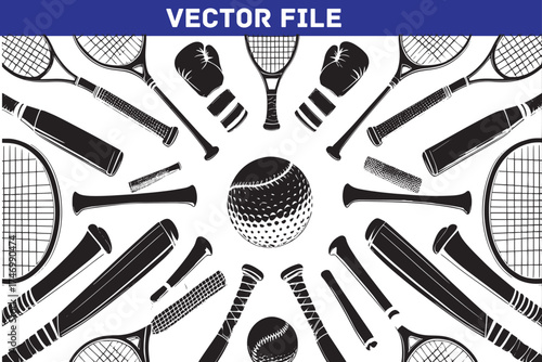 Sports Equipment Vector Background with Baseball Bats Tennis Racquets and Boxing Gloves Seamless Pattern for Sporting Goods and Fitness Related Designs in Black and White