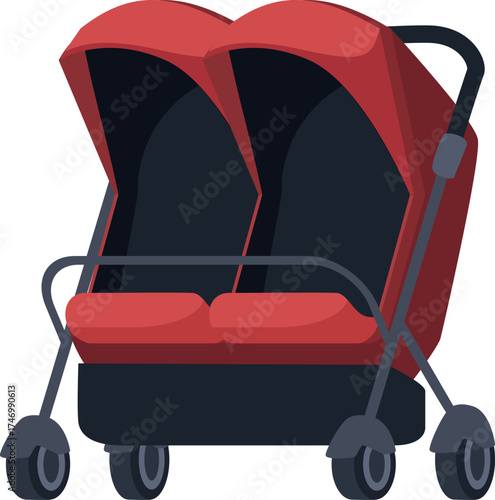 Empty modern double baby stroller with red sunshade canopies and black chassis waiting for newborn twins