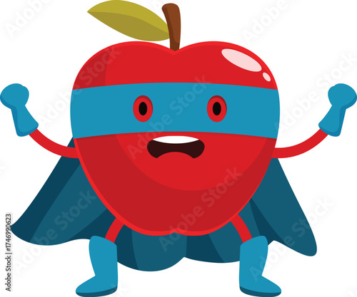 Cartoon illustration of a superhero apple wearing a mask and cape, promoting healthy eating habits and strength