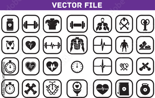 Vector Illustration Set of Health and Fitness Icons Promoting a Healthy Lifestyle Gym Equipment Supplements and Body Building for Sports Enthusiasts Wellness and Personal Care Concepts