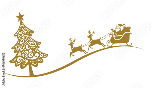 Golden christmas tree and santa's sleigh with reindeer journeying across a snowy landscape festive holiday scene isolated on white background