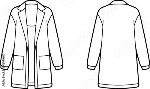 Women’s long coat flat sketch with notched lapel collar, patch pockets, open front design, clean back silhouette, apparel design illustration