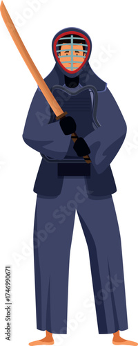 Kendo fighter wearing protective equipment holding shinai during training