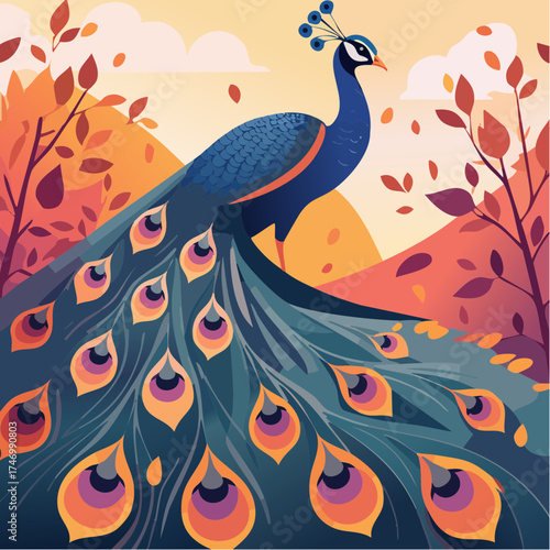 Peacock bird in landscape with sunset colors