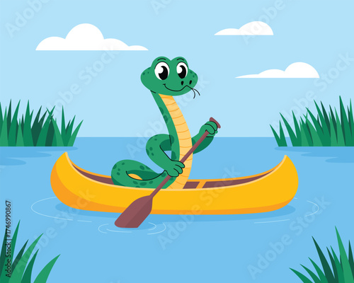 Cute cartoon snake rowing a yellow canoe on a calm blue lake with green reeds