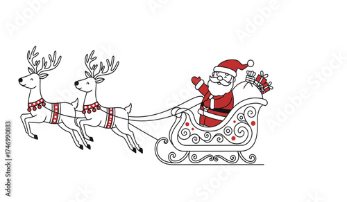 Classic santa claus in sleigh pulled by two reindeer delivering gifts festive holiday christmas celebration transportation scene isolated on white background