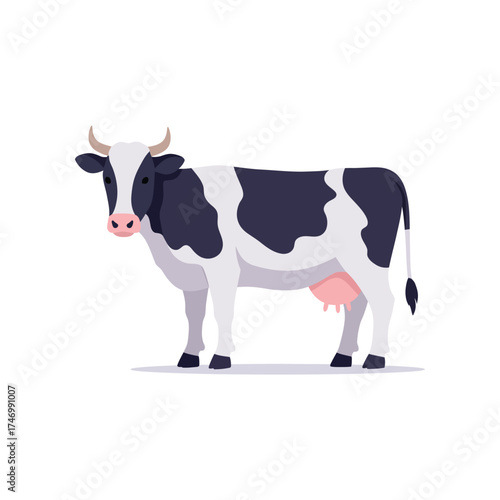 A realistic illustration of a black and white holstein friesian dairy cow standing with its udder visible against a white background