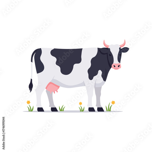 A black and white holstein friesian cow with pink udder stands in a field of green grass and yellow wildflowers on a white background