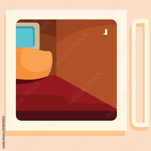 Interior view of a compact and comfortable capsule hotel room, featuring a cozy sleeping area and a small window