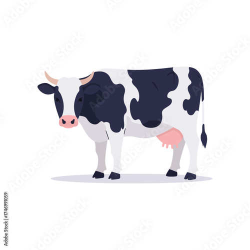 A black and white holstein friesian cow standing calmly in a field with pink udder and gentle expression on white background