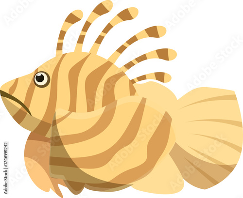 Cartoon lionfish swimming underwater, showcasing its distinctive stripes and fins
