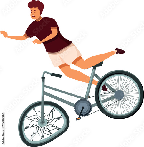 Young man falling from his bicycle after an accident that caused a broken wheel