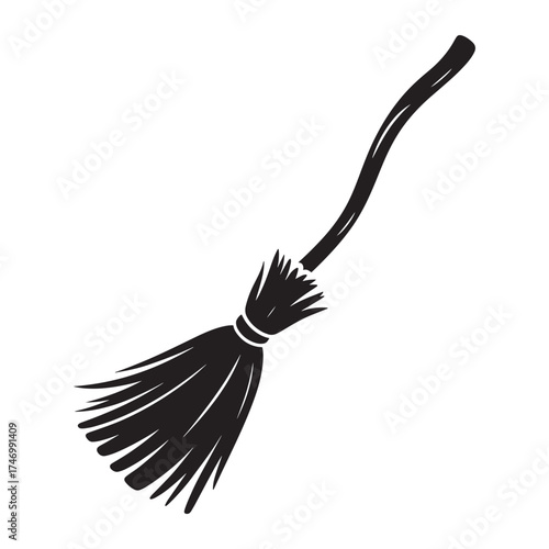 Hand drawn black silhouette of a witchs broomstick with bristles and a curved handle isolated on white background