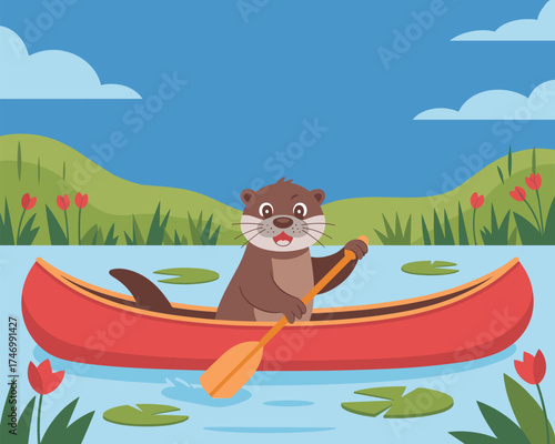 Cute cartoon otter paddling a red canoe on a calm lake with lily pads