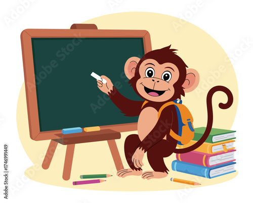 Cute Monkey with Backpack and Chalkboard, Ready for School Fun