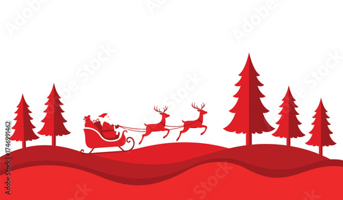 Santa claus riding sleigh pulled by reindeer through snowy forest festive christmas holiday scene for seasonal greetings and decorations isolated on white background