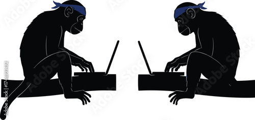 Silhouette monkeys using laptops wearing blue bandanas, minimalistic black illustration, humorous animal technology teamwork, creative digital art concept, modern collaboration metaphor