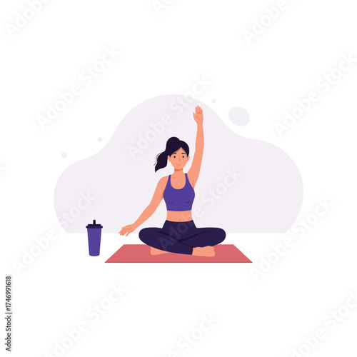 Young woman in athletic wear practicing yoga meditation in a serene setting with a water bottle nearby on a mat