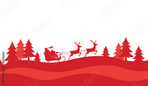 Merry christmas silhouette scene santa claus sleigh flying reindeer red evergreen trees festive holiday winter celebration isolated on white background