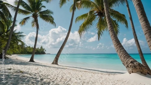 A tropical beach with white sand, turquoise water, and palm trees gently swaying in the wind