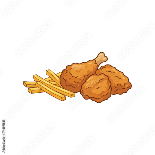 Deliciously golden brown crispy fried chicken pieces and a generous serving of french fries isolated on a white background