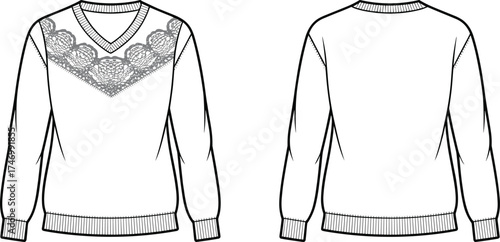 Women’s V‑neck sweater flat sketch with lace chest detail, ribbed cuffs and hem, long sleeves, front and back apparel illustration