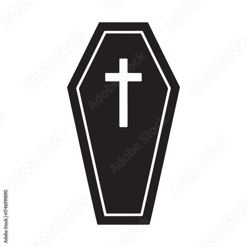 Simple black coffin silhouette with white cross symbol on a white background