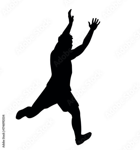 Black silhouette of a finishing runner, shown in three-quarter view with hands raised above head