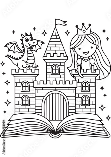 Whimsical line drawing of a princess and dragon on a castle emerging from an open book