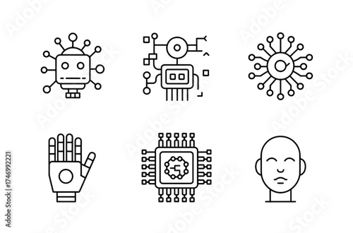Explore futuristic tech with bold line icons showcasing robotics, microchips, and AI representing innovation, connectivity, and advanced technology solutions