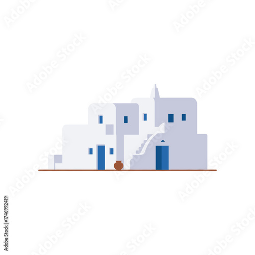 Traditional whitewashed cubic houses with blue doors and windows a classic architectural style found on greek islands