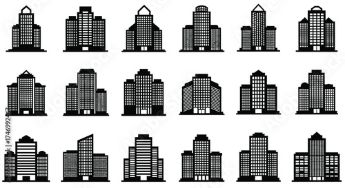 Collection of modern city skyline silhouettes with various architectural designs