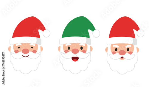 Three adorable santa claus faces with red and green hats festive christmas characters for holiday celebrations and greeting cards isolated on white background