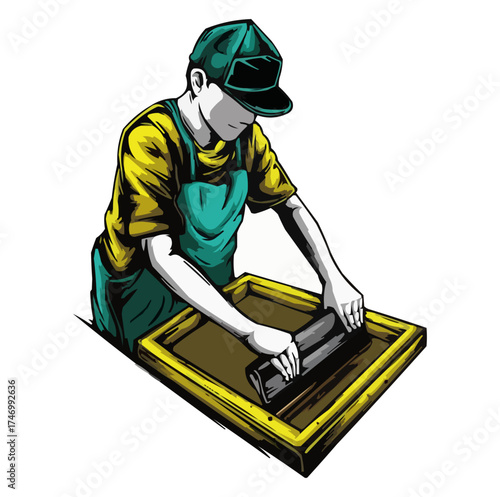 Silk Screen Printing Worker – Premium Vector Illustration